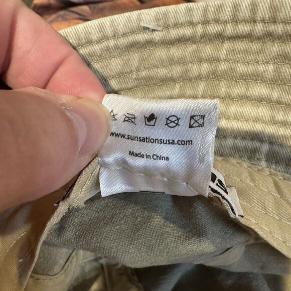 Chincoteague Island Virginia Bucket Hat EST 1908 American Flag Patch Beige Tan - Picture 7 of 8